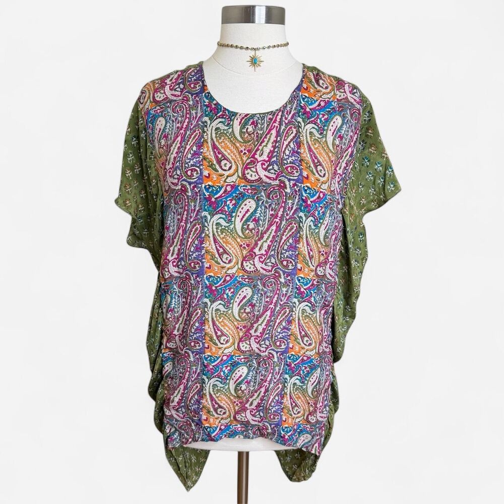 Tolani Green 100% Silk Paisley Patchwork Print Draped Blouse Fairy